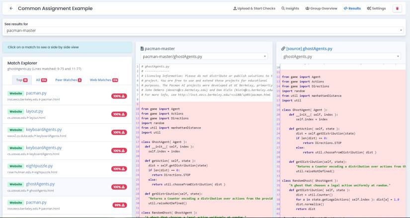 Highlighted plagiarised code matches